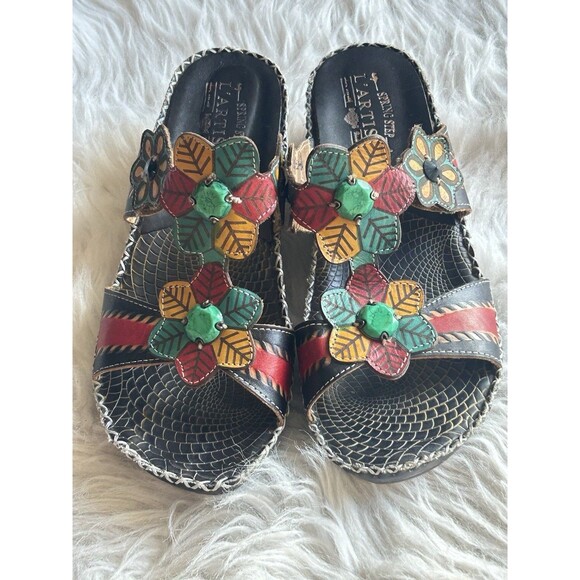 L'Artiste by Spring Step Size 40 Edrea Black Leather Wedge Sandals Floral - Picture 4 of 11